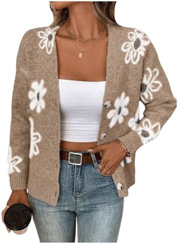 SHENHE Women's Floral Cardigan Sweater Open Front Long Sleeve Button Down Knit Sweater Outerwear Khaki X-Large