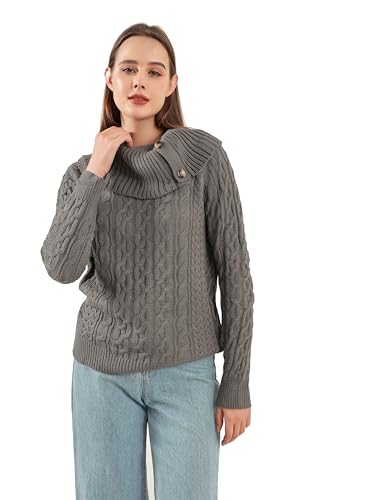 Women's Fall Winter Ribbing Long Sleeve Knit Sweater Turtleneck Buttons Loose Pullover Sweater3