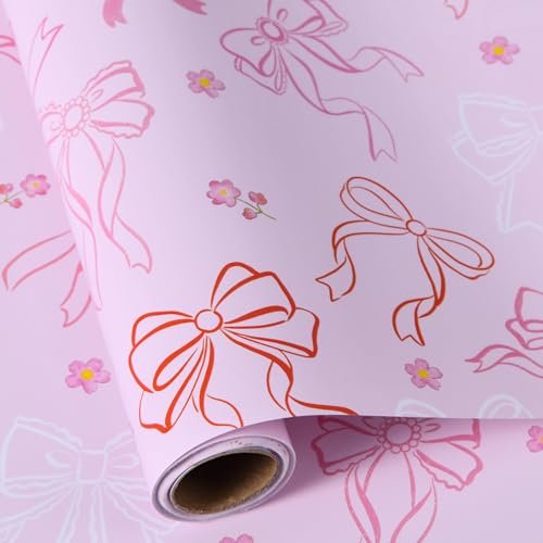 Sikiweiter Pink Bows Wrapping Paper Roll - 17 x 16.5 ft - Pastel Gift Wrap with Floral Accents - Ideal for Baby Showers Birthdays and Girly Gifts(Pink Bow)