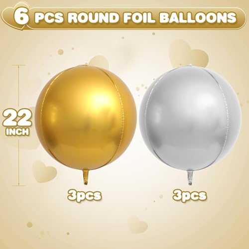 Image of 6Pcs 22 inch Silver Gold Metallic Ball Balloons 4D Large Foil Balloons for 70s Disco Party Birthday Decorations