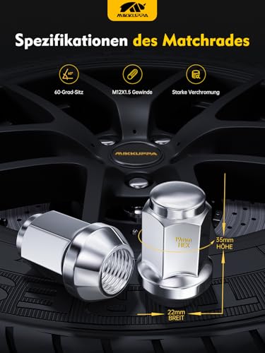 MIKKUPPA Radmuttern M12 x 1,5 SW19 für Ford Fusion, Focus, Escape Aftermarket 2006-2019, 20 Stück, verchromte Muttern