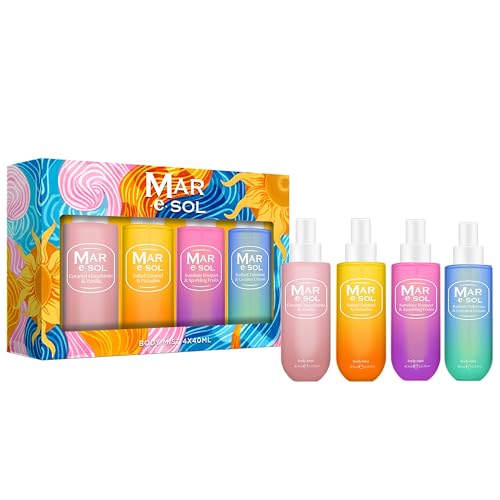 Mar e Sol Body Mist Coffret cadeau pour femme (4 x 40 ml) – Caramel, macadamia & vanille, tubéreuse éclatante, crème de noix de coco, caramel sel et...