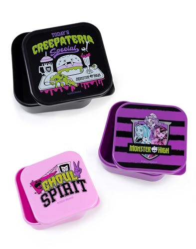 Monster High Ensemble de pots à collation empilables en hauteur, rose, noir et violet | 3 boîtes de rangement Creepateria | Ghoul Spirit et Creepataria du jour | Produits dérivés