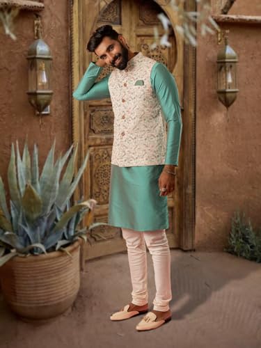 Image of Kisah Men's Cotton Blend Printed Nehru Jacket Regular Fit | Designer Ethnic Layering | Wedding & Occasion Wear