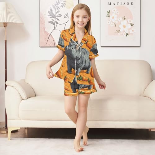 Satin Pajama Sets Short Sleeve Hippo Among Many Carrots Button Down Silky Nightwear 2 Piece PJS 5-14Y3