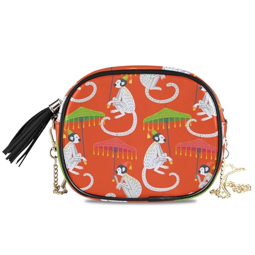 Crossbody Shoulder Bag Chinoiserie Monkey with Umbrella Small PU Leather Handbag with Tassel Zipper