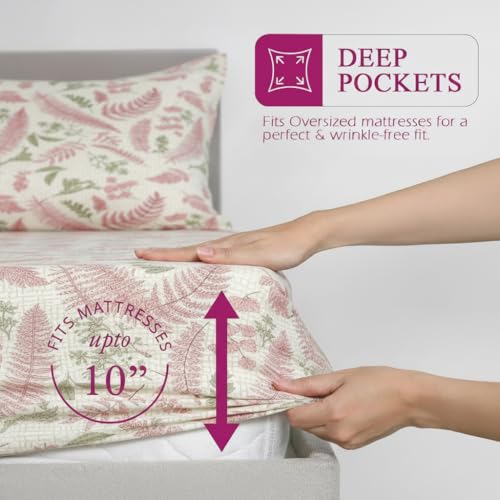 Image of Trance Home Linen 100% Cotton 144Tc Elastic Fitted Bedsheet | Printed Double Size Bed Elasticated Fitted Bedspread with 2 Pillow Covers (75X60 Inch, Foliage Peach), Queen