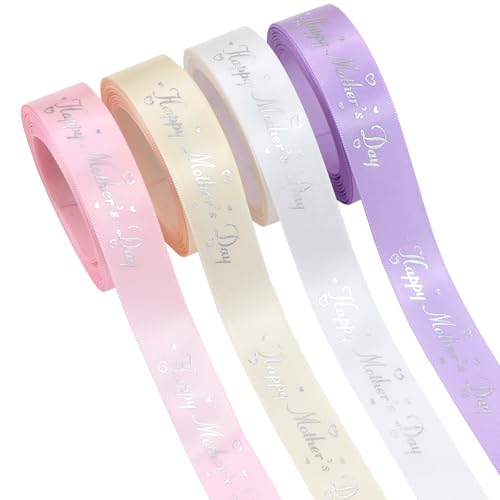 Mothers Day Ribbon Set 4 Rolls Satin Gift Ribbons with Gold Foil Letters 5 Yards Each 19mm Happy Mothers Day Gift Wrap Crafting DIY Decoration (4)