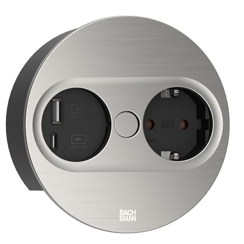 BACHMANN Einbausteckdose Twist 2 rund 1x Steckdose mit USB A und USB C 2m Kabel Tischsteckdose für Küche und Büro Edelstahl-Optik 946.004 (mit automatische Öffnung und Anti-Fingerprint Beschichtung)
