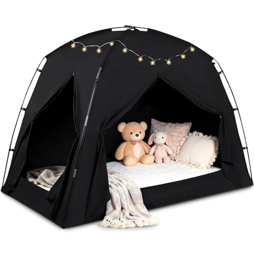 Bed Tents for Kids and Adults, Portable 100% Breathable and 93% Blackout Dream Play Tent, 3 Doors Big Privacy Space Sleeping Canopy for Floor or Twin Full Queen Sizes Bed (Black, Full-Size)