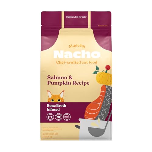 Made by Nacho Dry Cat Kibble 2lb Bag, High Protein and Grain-Friendly Premium Cat Food, Sustainably Caught Salmon and Pumpkin, Infused with Bone Broth for Hydration, Limited Ingredients, Single Bag