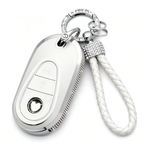 Image of Creativity for Mercedes Benz key cover and keychian (White Combination) | TPU key Case with Rhinestones is compatible with 2022-2025 C S EQE EQS 2023-2025 GLC CLE SL 2024-2025 E smart key