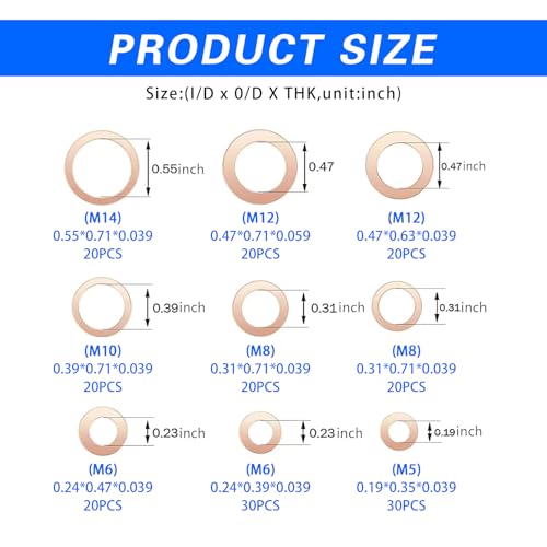 Image of 200 PCS Car Copper Flat Crush Washer Gasket Sets, M5 M6 M8 M10 M12 M14 Multi-Specification Oil Drain Plug Crush Washer, Tight Fit Leak-Proof Seals with Storage Box, Universal for Most Cars (Gold)