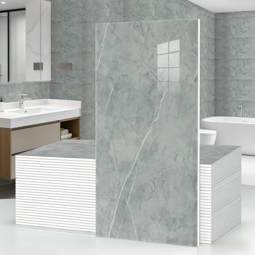 10Pcs Grey Marble Wall Panels 23.6"X11.8" PVC Waterproof Tiles Peel and Stick Wall Panels Self Adhesive Backsplash Tiles for Kitchen Living Rooms TV Walls Bathroom Rv Camper Van (Not Real Tile)