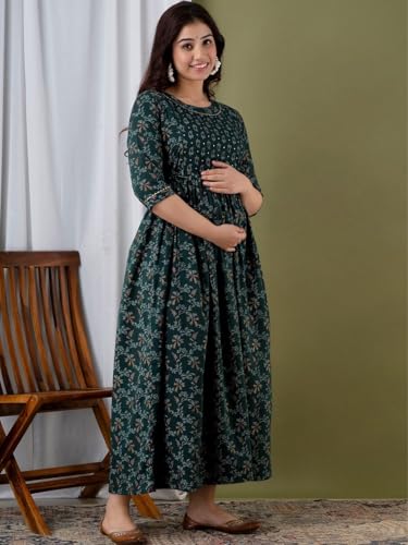 Image of Women's Cotton Floral Printed Maternity Dress Kurti with Feeding Zipper Maternity Gown for Women Feeding Dress