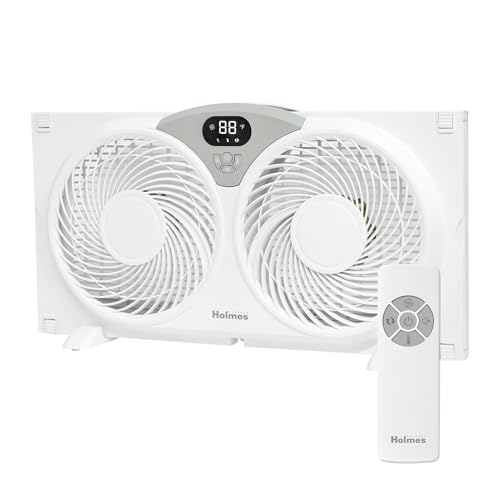 Holmes 9 Inch Digital CleanBreeze Window Fan with Programmable Thermostat Reversible Twin Blades Remote Control Water Resistant Quiet Cooling for Bedroom Living Room Home White
