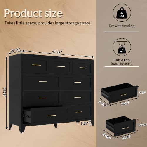 Image of Metal Dresser, 9 Drawer Chest of Drawers for Bedroom, Black
