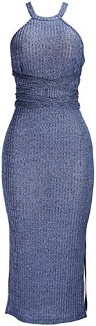 YINUOQI Womens Hanging Neck Casual Two Sides Open Fork Pencil Skirt Long Dress for Ladies (S) Blue