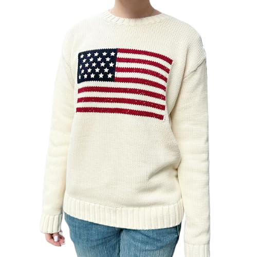Women Y2K American Flag Sweaters Long Sleeve Round Neck Flag Print