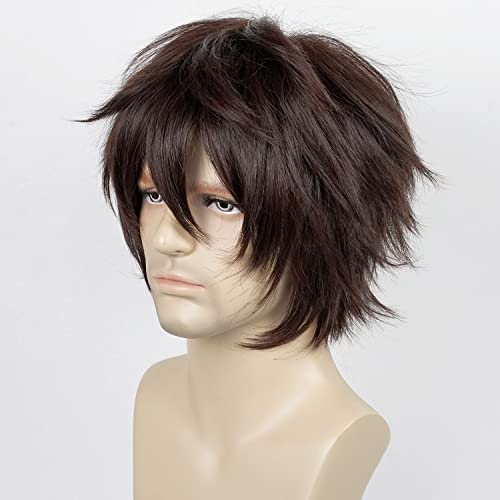 Image of LABEAUTE Mens Short Dark Brown Cosplay Wig Male Unisex Fluffy Heat Resistant Wig Hair for Party and Halloween for Gift + Free Cap