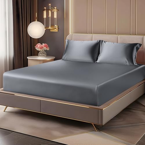 BEDELITE Satin Fitted Sheet and Pillowcases Set, Luxury Soft Similar to Silk Bottom Bed Sheet with Elastic Corner Straps, Deep Pocket up to 15 Inch, 1 Fitted Sheet and 2 Pillowcases(Full, Dark Grey)