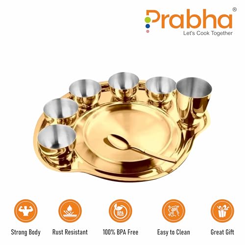 Prabha Stainless Steel Dinner Set of 9 Pcs | Shagun Rajwada Gold Thali Set For Serving | Bhojan Thal Kitchen Dinnerware Set Ideal Gifting Anniversary, Wedding | Durable, Cleanable, Useable, High Grade