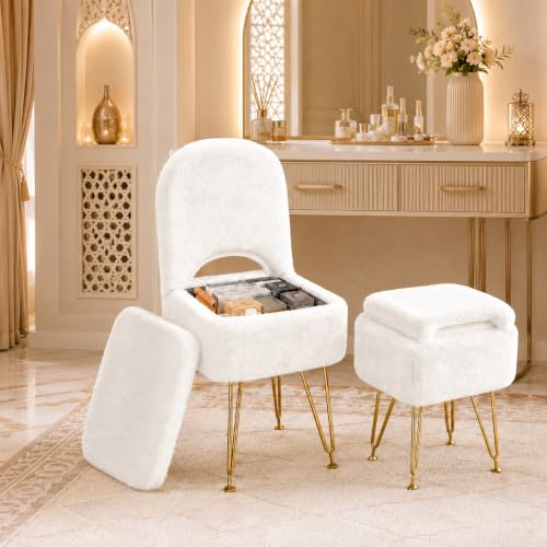 KAPEICamper Vanity Chair with Storage & Foldable Backrest Faux Fur Soft Ottoman for Teen Makeup Chair with Anti-Slip Adjustable Foot Pads for Dressing Table Small Vanity Stool - 34x38x76cm (White)