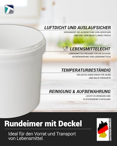 Trevendo 5 Liter Eimer mit Deckel und Kunststoffgriff, lebensmittelecht - luftdicht - stabil - stapelbar - Leereimer zur sicheren Lagerung inkl. Trevendo Beschriftungsetikett