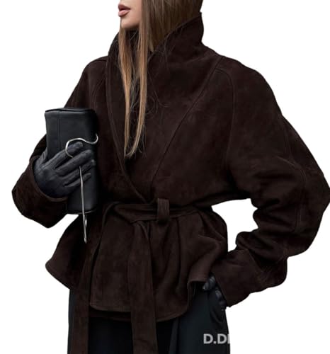 THLAI Womens Suede Jacket Long Sleeve Retro Lace Up Motorcycle Jacket Casual Daily Coat