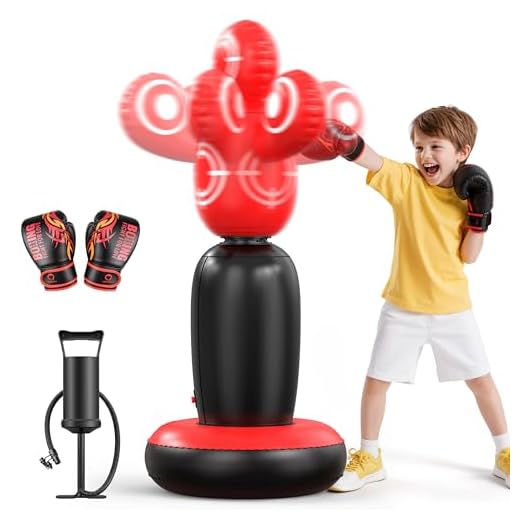QPAU 360° Rotatable Kids Punching Bag - 64" Boxing Bag with 4 Targets & Kids Boxing Gloves, Inflatable Punching Bags with Hand Pump, Karate Taekwondo Training Gift Boys Girls