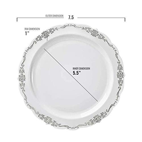 Kaya Plastic Salad Plates - 7.5" | White | Round | Silver Vintage Rim | Pack Of 10 #TOP2
