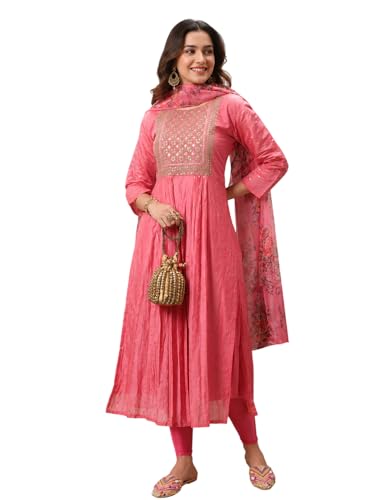 Image of Women's Chanderi Kurta with Legging and Dupatta | Modern & Traditional Blend Ethnic Wear Set | Festive & Casual Summer Kurti with Pants for Party Office & Ethnic Occasions