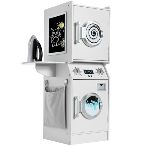 Best Choice Products Pretend Play Kids Wooden Stacked Washer & Dryer Set with Toy Laundry Storage Space-Saving Design with Accessories - White