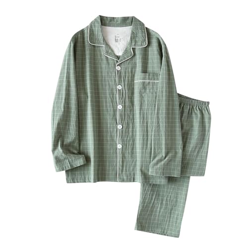 Stripe Plaid Pajamas Set Mens Casual Loose Pajama Long Sleeve Loungewear Two-Piece Sleepwear Button-Down Pj Sets
