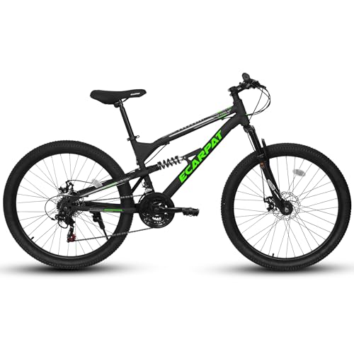 Full Suspension Mountain Bike 24 Inch Wheel, 21-Speed Mountain Bicycle with Dual Disc Brakes Thumb Shifter, Carbon Steel Frame MTB Bike for Teenagers Adult Men Women Trail Commuter, Black-Green