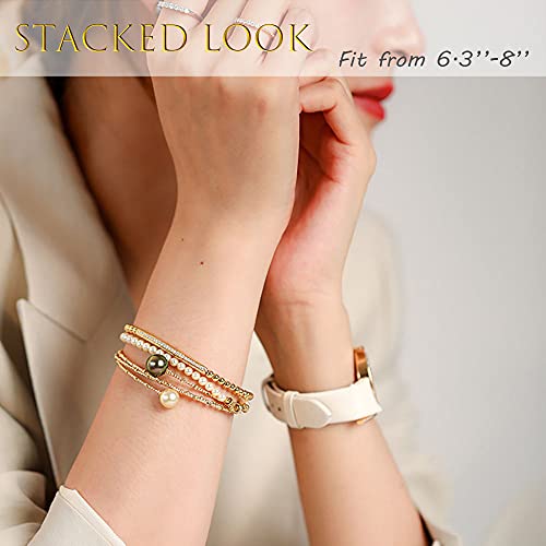 Nuzon Gold Beaded Stretch Bracelets For Women Girls 14K Gold Plated 4Mm Round Ball Cubic Zirconia Curved Bar Elastic Bracelet Handmade Minimalist Jewelry Gifts #TOP2