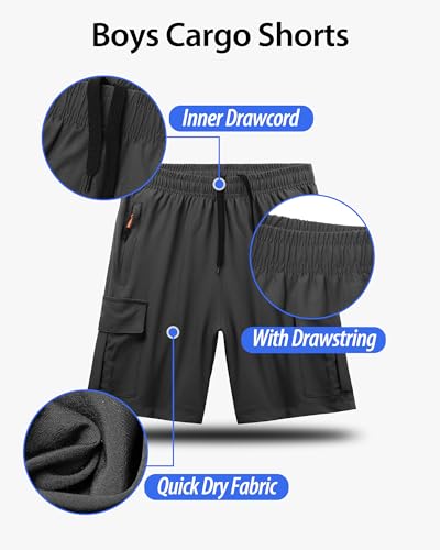 BEARAE Boys Cargo Shorts, Quick-Dry Lightweight Athletic with Zipper Pockets for Running, Hiking, Gym, Outdoor & Camping3