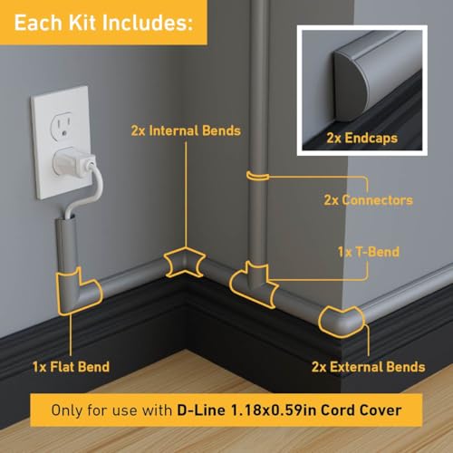 Image of D-Line Cable Raceway Clip-Over Accessories | Join Multiple Channels of D-Line Cord Covers | Coupler and Connector Multipack (Medium (Mini), Grey)