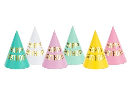 6 CAPPELLINI colori pastello con scritta HAPPY BIRTHDAY oro lucio per party, feste di compleanno ecc. - Cappello cono di carta colorata con elastico