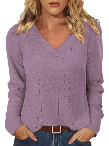KISSMODA Long Sleeve Fall Shirts For Women V Neck Tunic Tops Embroidered Button Down Knitted Blouses 2025