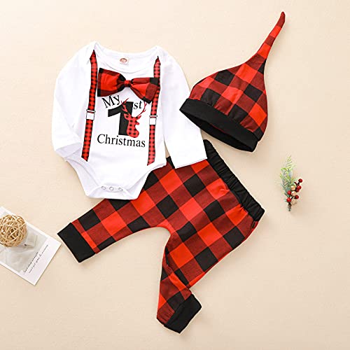 Verve Jelly 3Pcs Pasgeboren Baby Meisjes Jongens Mijn 1st Kerst Romper Vlinderdas Brief Print Bodysuit Plaid Lange Broek Hoed Kerst Outfits Set - Afbeelding 3