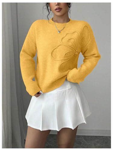 Image of RoseSeek Women's 3D Floral Appliques Crewneck Sweaters Long Sleeve Drop Shoulder Pullovers Elegant Knit Tops
