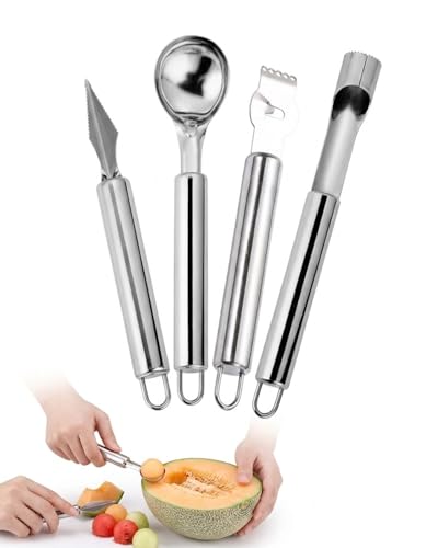 AEUXZA Lot de 4 Ustensiles Fruits en Inox - Cuillère Parisienne, Couteau à Sculpter, Zesteur Citron & Évideur de Pomme - Kit Déco Fruits Créatives &...