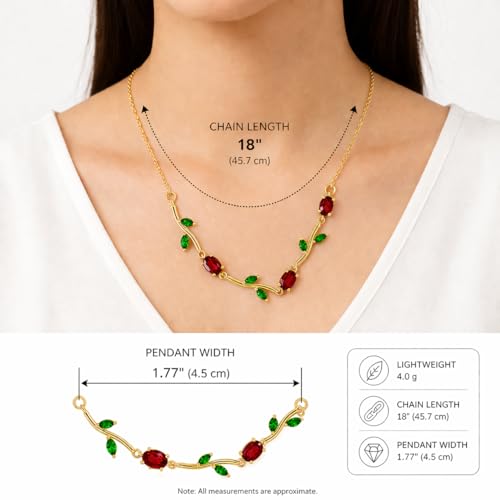 Image of Tulip Necklace for Women, Gold Toned Tulip Pendant with Red & Green Stones, Adjustable Chain, Elegant Jewellery Gift for Girls