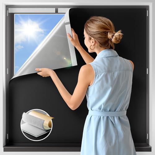 NIGHTON 100% Blackout Curtains for Bedroom, No Drill Black out Blinds With Upgraded Hook and Loop Tape, Portable Blackout Curtains for Window Cover Baby Nursery,Travel,RV- 1 Panel Black 58''W x 42'' L