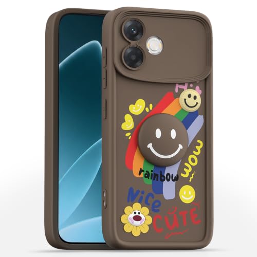Image of Pikkme Back Cover for Oppo F33 Pro 5G | Soft Silicone| Cute Rainbow Smile & 3D Cartoon Flower Design | Shockproof Raised Camera Protection Bumper Case (Brown)