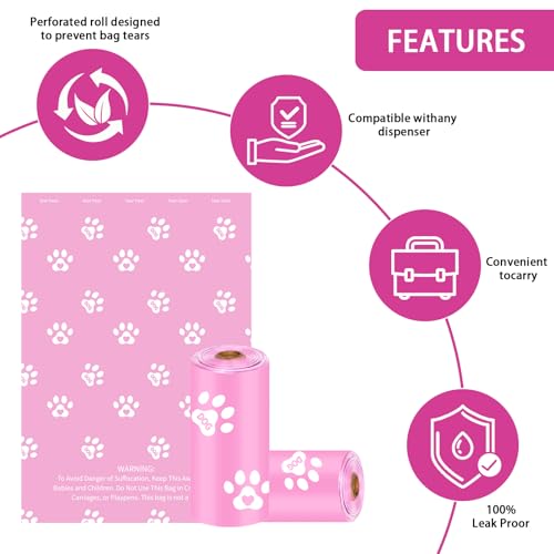 Image of HZDHCLH Poop Bags for Dogs Leak Proof Extra Thick Dog Poop Bags, Pink Cat's Paw 18 Rolls 9 inch x 13 inch Lavender Scented Pet Waste Bag, 270 Count