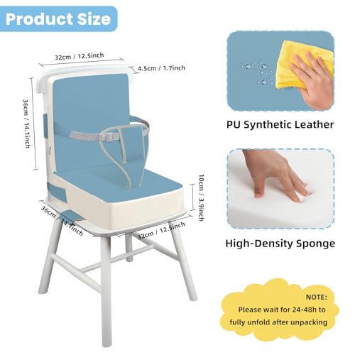 Image of Toddler Booster Seat for Dining Table with Adjustable Straps, Kids Booster Seat for Kitchen Chair with Non-Slip Bottom, PU Anti-Scratch Portable Detachable Increasing Cushion (Blue)