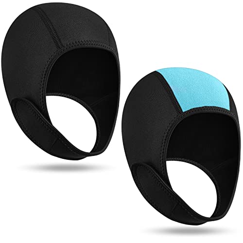 Jecery 2 Pcs Neoprene Diving Hood Thermal Wetsuit Hood Cap Swim Caps with Chin Straps Snorkeling Neoprene Surf Beanie 2.5 mm Diving Headgear for Men Women Sailing Water Sports(Black, Black Blue)
