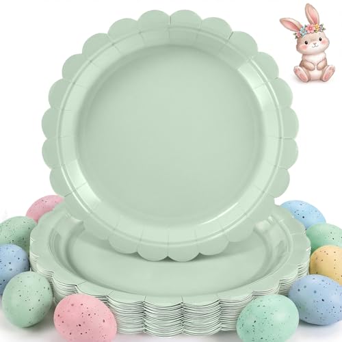 NatNarr Lot de 30 assiettes en carton jetables festonnées de 22,9 cm pour anniversaire, fête prénatale, mariage - Vert sauge
